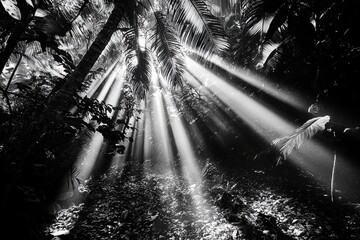 Poster - Mystical sun rays filter through a dense rainforest canopy, illuminating the lush vegetation below in black and white, creating a dramatic and enchanting scene.