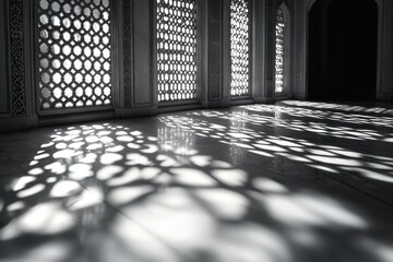 Poster - Monochrome architectural image showcasing light patterns created by sunlight filtering through latticed windows, casting striking shadows on the marble floor, emphasizing design elements.