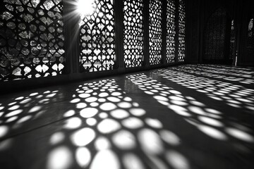 Poster - Striking monochrome image of sunlight streaming through latticed windows, creating a captivating pattern of light and shadows on the floor, enhancing the architectural details.