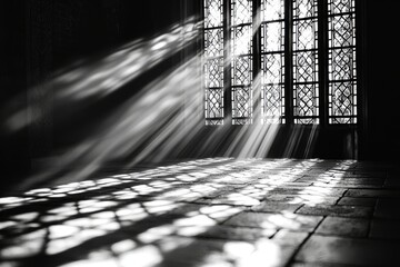 Poster - Dramatic black and white shot of sunlight streaming through gothic windows, casting intricate shadows on a tiled floor, creating an atmosphere of mystery.