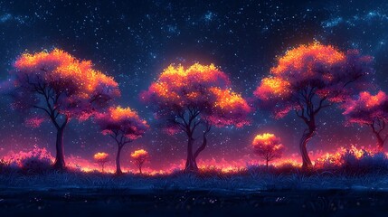 Canvas Print - Enchanting Neon Forest Landscape with Glowing Trees and Radiant Plants on Dark Starry Background