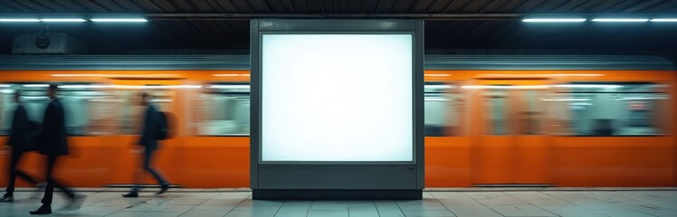 Poster - Orange subway train speeds past blank billboard mock up in underground station. Dynamic contrast of motion, stillness. Commuters walk. Mockup copy space. Urban transport infrastructure ad template.