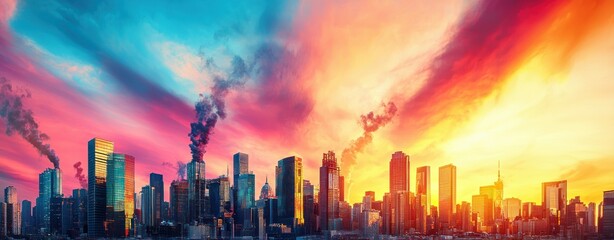 Poster - Vibrant Cityscape Sunset with Pollution Dramatic Sky Colorful Buildings