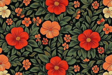 Wall Mural - A repeating floral pattern featuring large red and orange blossoms, smaller orange and cream-colored flowers, and dark green leaves on a black background. The style is stylized and illustrative