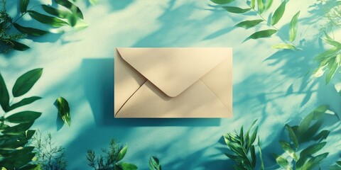 Poster - Elegant envelope design template surrounded by lush green foliage on a serene blue-green background highlighting natural textures and light.