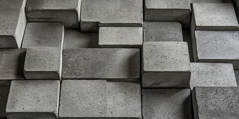 Poster - Abstract arrangement of gray concrete blocks in various sizes and shapes, creating a textured pattern with light and shadow play.