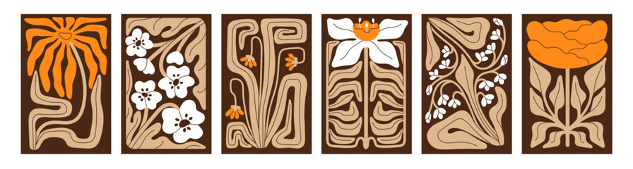 Wall Mural - set of floral posters with faded autumn wildflowers. abstract crooked flowers with distorted leaves,