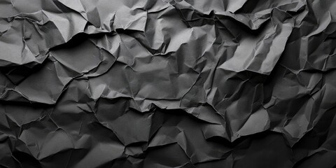 Poster - Crumpled black textured paper background with deep shadows and highlights, featuring sharp wrinkles and folds for creative design use.
