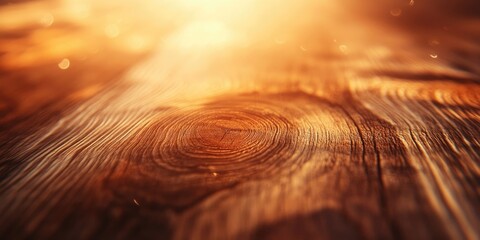 Poster - Golden sunlit wood surface with rich textures and warm hues, showcasing intricate grain patterns and soft bokeh background for a cozy ambiance.
