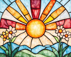 Aufkleber - Vibrant Sunrise Stained Glass Window Art Design with Flowers