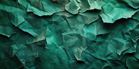 Poster - Textured green paper background with deep shadows and crinkles ideal for design projects featuring various shades of green and dark accents.