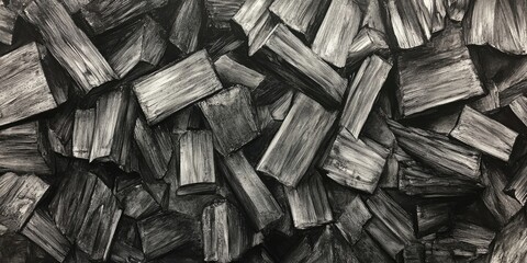 Fototapete - Charcoal texture background featuring numerous black and gray pieces stacked closely. Varying shades create depth and contrast in composition.