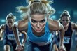 © SerPhoto - A determined female athlete leads a sprint, her expression fierce with focus and ambition. She pushes ahead, embodying the spirit of perseverance in a competitive environment