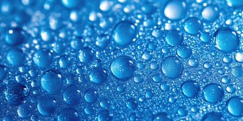 Wall Mural - Detailed close-up of vibrant blue water drops on a surface with varying sizes creating an aesthetic background emphasizing freshness and clarity.