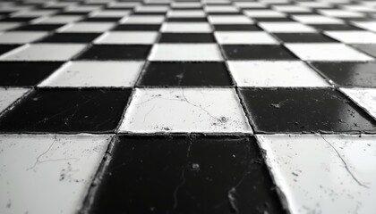 Aufkleber - Classic checkerboard pattern background with black, white squares. Clear lines separating the fields. Floor tiles with grunge dirty texture, vintage checkered backdrop.