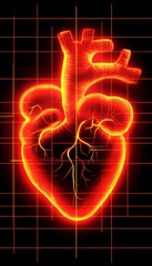 Poster - Glowing Red Anatomical Heart Beat On EKG Grid, Digital Healthcare And Cardiology Illustration