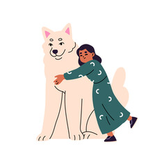 Happy black kid hugs big fluffy dog. Cute little girl loves, embraces puppy. Child in dress cuddles doggy, has fun with pet, domestic animal. Flat isolated vector illustration on white background