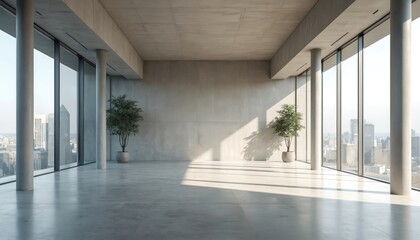 Poster - Spacious empty room with potted plant. Modern minimalist interior with bare concrete walls and floor. Large windows offer city skyline view. Bright sunlight. Commercial interior backdrop.
