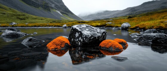 Wall Mural - A rocky riverbed with orange lichen and a distant mountain range.