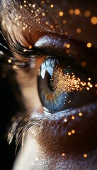 Wall Mural - Eye of Wonder Sparkling Lights and Digital Particles Reflecting in a Close-up of a Human Eye.