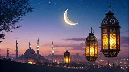 Ramadan scene, crescent moon, illuminated lanterns, silhouette of mosque, minaret spires, twilight sky, warm glow, ornate Islamic architecture, 