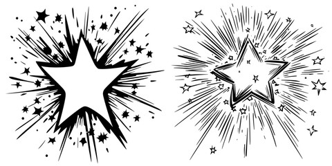 Poster - starburst illustrations featuring dynamic lines and scattered stars with a bold central shape in bla