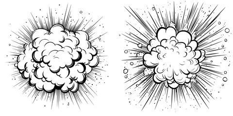 Poster - illustrations of explosive cloud bursts with dynamic shockwave effects captured in a comic style