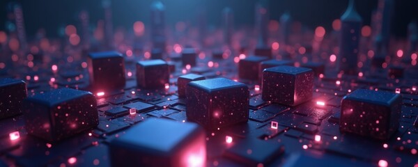 Poster - Abstract blue tech cubes, red neon dots. Futuristic cyberspace grid structure, business explore metaverse technology with blockchain network connecting modern datum.