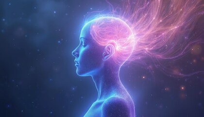 Aufkleber - Illustration of human head with glowing energy streams. Concept for alpha waves, mental healing, pain relief, stress management, emotional, physical balance of body and spirit.