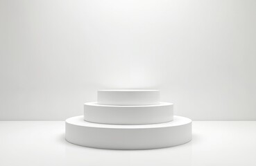 Poster - White product display podium in studio. Round geometric shapes, minimal design. Modern platform for cosmetic, luxury product presentation. Pedestal in showroom, blank mockup, light background.