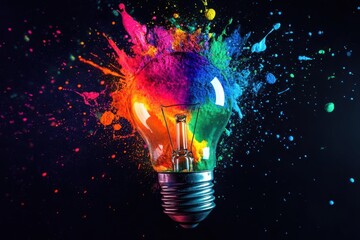 surreal floating lightbulb shattering into vibrant paint droplets releasing a spectrum of colors against dark background creative concept