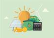© Megane Ad - Clean Energy Investment and Financial Savings Concept. Sustainable energy finance illustration featuring solar panels, wind turbine, lightbulb, calculator, and money. Flat style. Vector illustration