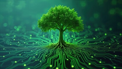 Poster - Green tree grows from glowing circuit board. Futuristic concept tech nature connection, progress, evolution. Digital network background, artificial intelligence, cybersecurity, data protection