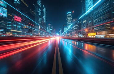Poster - Motion blur on city road at night shows digital data flow. Concept of data transfer, future digital transformation, innovation and agile business methodology shows information highway.
