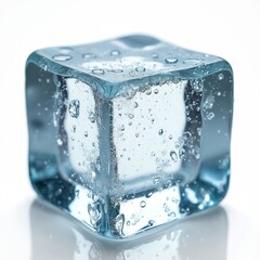 Poster - Large blue ice cube sparkles softly, showcasing intricate edges, bubbles. Glace block reflects light, offers chilling refreshment, contrasts natural water, atmospheric elegance, minimal design.