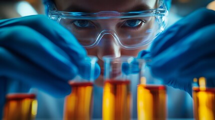 Leinwandbilder - Scientist wearing protective glasses analyzing orange liquid in test tubes in laboratory