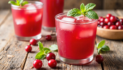 Refreshing cranberry juice garnished with mint on rustic table, summer delight