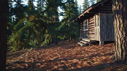 Aufkleber - Exploring a rustic cabin in a tranquil forest during golden hour light