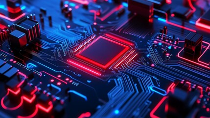 Fototapete - Close up of a glowing circuit board with a central processor.