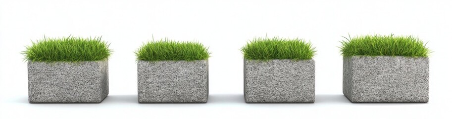 Poster - Four concrete planters with grass, white background, growth concept