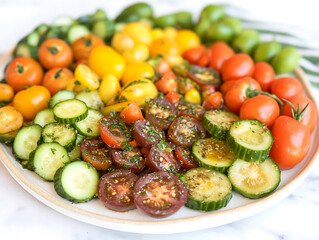 Wall Mural - A colorful platter displays an assortment of fresh cherry tomatoes and cucumber slices arranged in a gradient pattern.