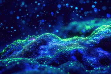 Aufkleber - Abstract glowing landscape of blue and green particles, resembling a cosmic nebula or underwater scene.