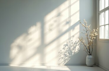 Poster - Interior with sunlight and shadows from window frame. Flowers in vase standing near wall. Calm room with organic light effect overlay. Peaceful home decor background.