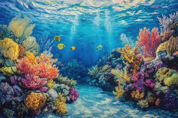 Aufkleber - Vibrant underwater scene showcasing diverse coral reefs and colorful fish, a breathtaking view of ocean life.