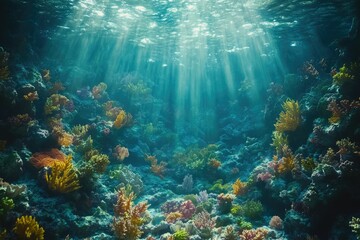 Poster - Sunbeams illuminate a vibrant underwater coral reef ecosystem teeming with diverse colorful corals.