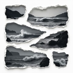 Poster - Torn paper edges frame ocean waves breaking on rocks. Black and white seascape, abstract design element, graphic resource, artistic composition on background.
