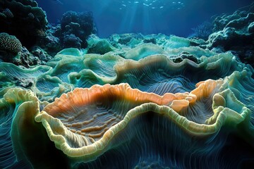 Aufkleber - Sunlit underwater coral reef, showcasing vibrant colors and intricate textures of diverse coral formations.