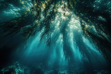 Poster - Sunbeams illuminate a dense kelp forest, creating a mystical underwater scene.