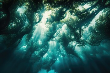 Poster - Sunbeams pierce a dense kelp forest, creating an ethereal underwater scene.