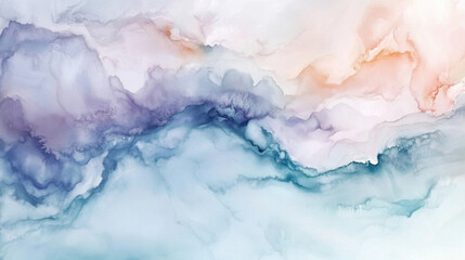 Poster - Soft pastel watercolor abstract background with gentle hues of blue, purple, and peach creating a soothing visual experience